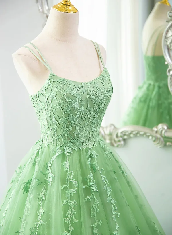 Chic / Beautiful Sage Green Lace Flower Prom Dresses 2025 Ball Gown Spaghetti Straps Sleeveless Backless Floor-Length / Long Prom Formal Dresses