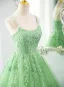 Chic / Beautiful Sage Green Lace Flower Prom Dresses 2025 Ball Gown Spaghetti Straps Sleeveless Backless Floor-Length / Long Prom Formal Dresses