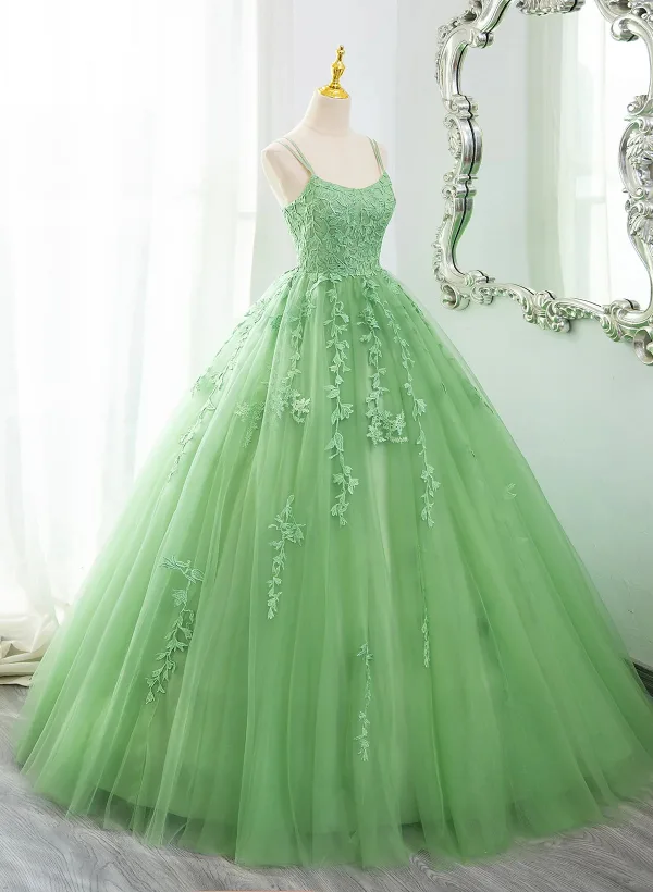 Chic / Beautiful Sage Green Lace Flower Prom Dresses 2025 Ball Gown Spaghetti Straps Sleeveless Backless Floor-Length / Long Prom Formal Dresses