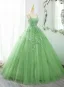 Chic / Beautiful Sage Green Lace Flower Prom Dresses 2025 Ball Gown Spaghetti Straps Sleeveless Backless Floor-Length / Long Prom Formal Dresses