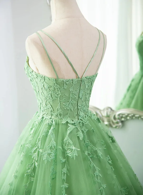 Chic / Beautiful Sage Green Lace Flower Prom Dresses 2025 Ball Gown Spaghetti Straps Sleeveless Backless Floor-Length / Long Prom Formal Dresses