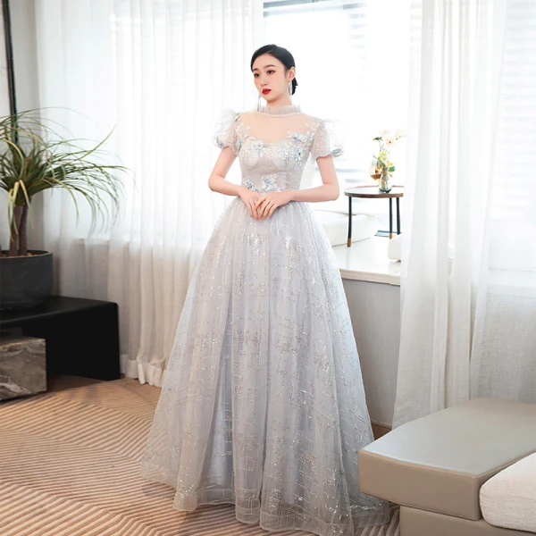 Charming Silver Grey Beading Pearl Sequins Lace Flower Prom Dresses 2023 A-Line / Princess High Neck Short Sleeve Backless Floor-Length / Long Prom Formal Dresses