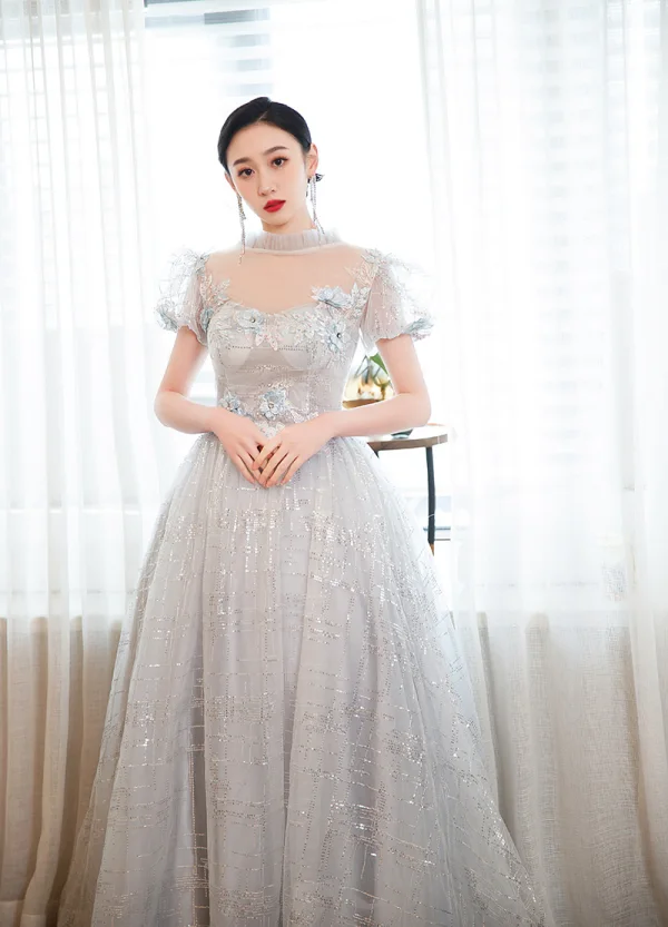 Charming Silver Grey Beading Pearl Sequins Lace Flower Prom Dresses 2023 A-Line / Princess High Neck Short Sleeve Backless Floor-Length / Long Prom Formal Dresses