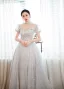 Charming Silver Grey Beading Pearl Sequins Lace Flower Prom Dresses 2023 A-Line / Princess High Neck Short Sleeve Backless Floor-Length / Long Prom Formal Dresses