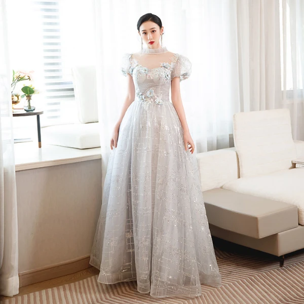 Charming Silver Grey Beading Pearl Sequins Lace Flower Prom Dresses 2023 A-Line / Princess High Neck Short Sleeve Backless Floor-Length / Long Prom Formal Dresses