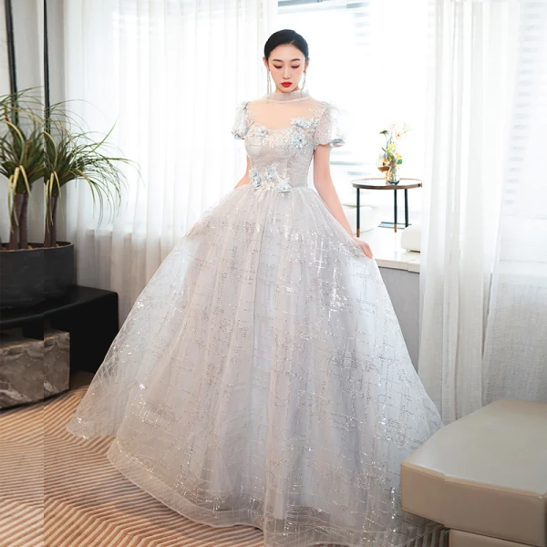Charming Silver Grey Beading Pearl Sequins Lace Flower Prom Dresses 2023 A-Line / Princess High Neck Short Sleeve Backless Floor-Length / Long Prom Formal Dresses