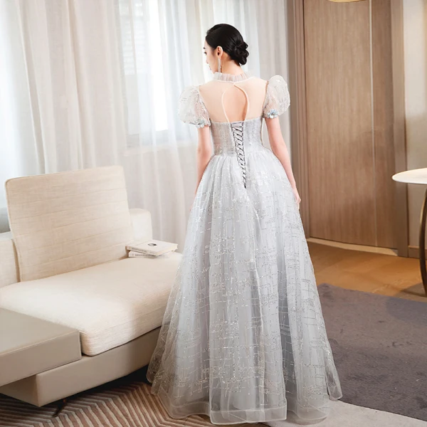 Charming Silver Grey Beading Pearl Sequins Lace Flower Prom Dresses 2023 A-Line / Princess High Neck Short Sleeve Backless Floor-Length / Long Prom Formal Dresses