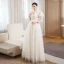 Charming Ivory Handmade  Beading Sequins Prom Dresses 2023 A-Line / Princess High Neck 3/4 Sleeve Floor-Length / Long Prom Formal Dresses