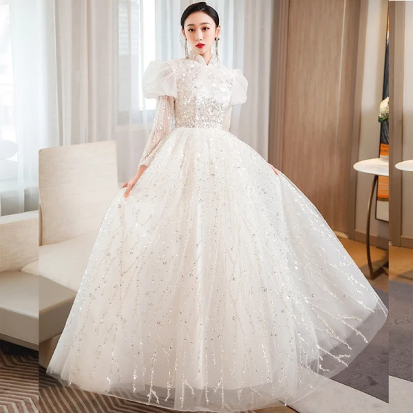 Charming Ivory Handmade Beading Sequins Prom Dresses 2023 A-Line / Princess High Neck 3/4 Sleeve Floor-Length / Long Prom Formal Dresses