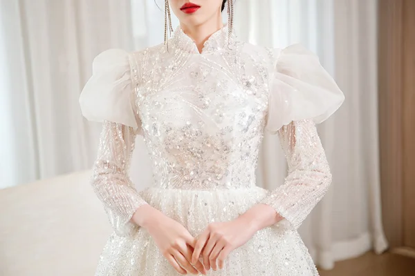 Charming Ivory Handmade Beading Sequins Prom Dresses 2023 A-Line / Princess High Neck 3/4 Sleeve Floor-Length / Long Prom Formal Dresses