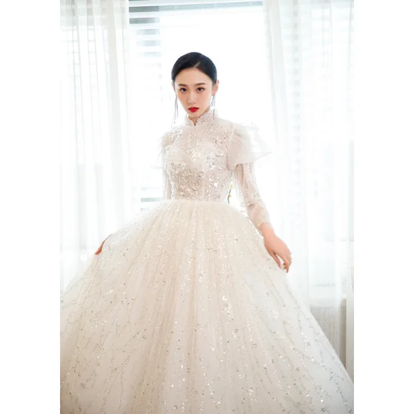 Charming Ivory Handmade Beading Sequins Prom Dresses 2023 A-Line / Princess High Neck 3/4 Sleeve Floor-Length / Long Prom Formal Dresses