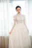 Charming Ivory Handmade  Beading Sequins Prom Dresses 2023 A-Line / Princess High Neck 3/4 Sleeve Floor-Length / Long Prom Formal Dresses