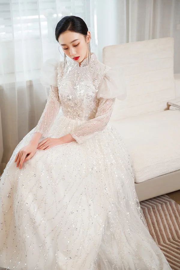 Charming Ivory Handmade Beading Sequins Prom Dresses 2023 A-Line / Princess High Neck 3/4 Sleeve Floor-Length / Long Prom Formal Dresses