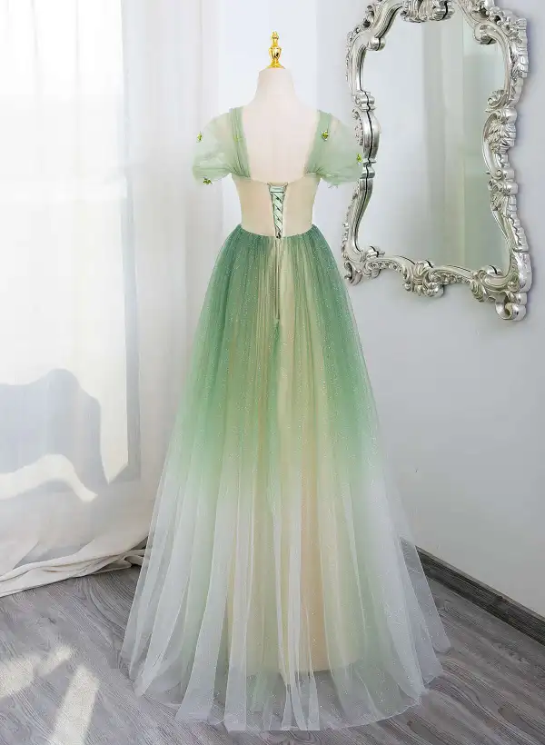 Chic / Belle Dégradé De Couleur Vert Cendré Glitter Paillettes Appliques Robe De Bal 2025 Princesse Encolure Carrée Manches Courtes Dos Nu Longue Promo Robe De Ceremonie