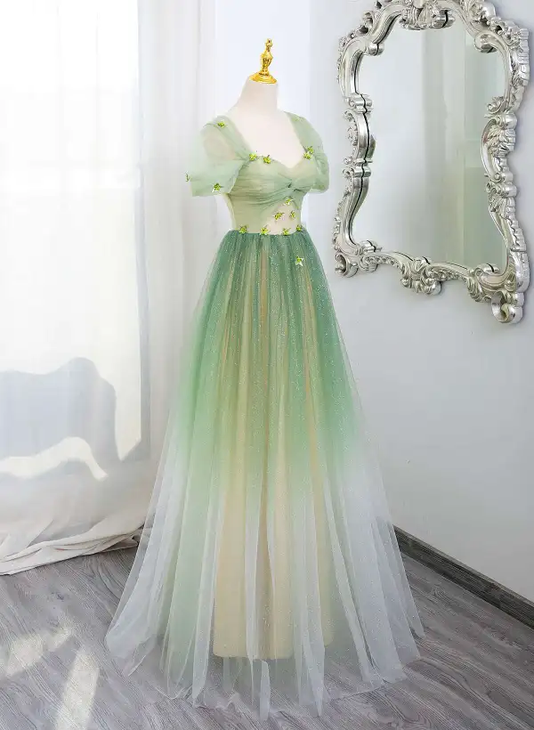 Chic / Belle Dégradé De Couleur Vert Cendré Glitter Paillettes Appliques Robe De Bal 2025 Princesse Encolure Carrée Manches Courtes Dos Nu Longue Promo Robe De Ceremonie