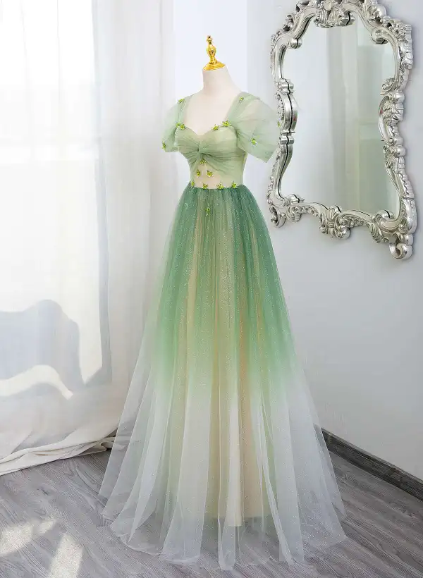 Chic / Belle Dégradé De Couleur Vert Cendré Glitter Paillettes Appliques Robe De Bal 2025 Princesse Encolure Carrée Manches Courtes Dos Nu Longue Promo Robe De Ceremonie