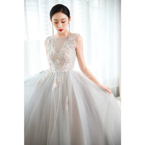 Chic / Beautiful Sky Blue Rhinestone Lace Flower Prom Dresses 2023 A-Line / Princess Scoop Neck Sleeveless Backless Floor-Length / Long Prom Formal Dresses