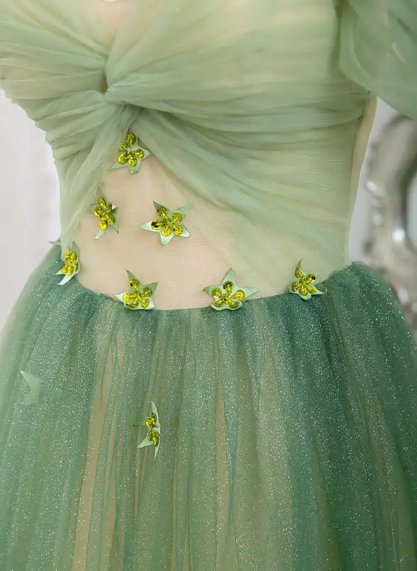 Chic / Belle Dégradé De Couleur Vert Cendré Glitter Paillettes Appliques Robe De Bal 2025 Princesse Encolure Carrée Manches Courtes Dos Nu Longue Promo Robe De Ceremonie
