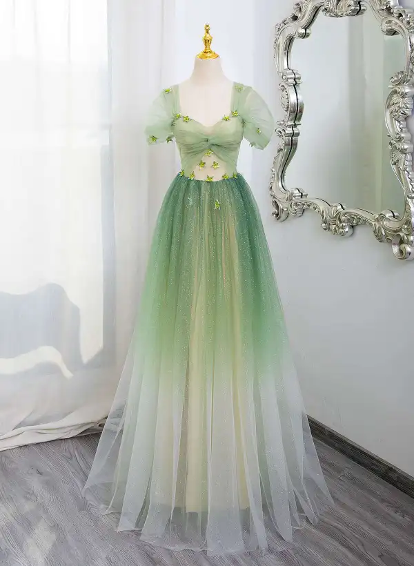 Chic / Belle Dégradé De Couleur Vert Cendré Glitter Paillettes Appliques Robe De Bal 2025 Princesse Encolure Carrée Manches Courtes Dos Nu Longue Promo Robe De Ceremonie