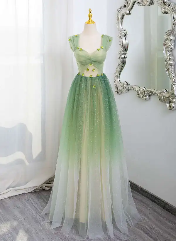 Chic / Belle Dégradé De Couleur Vert Cendré Glitter Paillettes Appliques Robe De Bal 2025 Princesse Encolure Carrée Manches Courtes Dos Nu Longue Promo Robe De Ceremonie