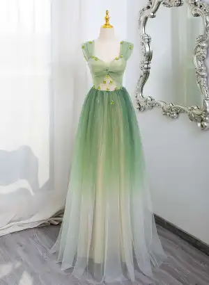 Chic Beautiful Gradient Color Sage Green Glitter Sequins Appliques Prom Dresses 2025 A Line Princess Square Neckline Short Sleeve Backless Floor Length Long Prom Formal Dresses