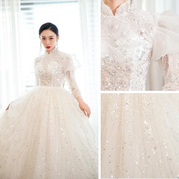Charming Ivory Handmade Beading Sequins Prom Dresses 2023 A-Line / Princess High Neck 3/4 Sleeve Floor-Length / Long Prom Formal Dresses