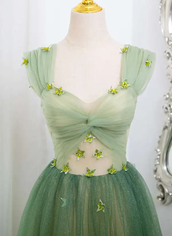 Chic / Belle Dégradé De Couleur Vert Cendré Glitter Paillettes Appliques Robe De Bal 2025 Princesse Encolure Carrée Manches Courtes Dos Nu Longue Promo Robe De Ceremonie
