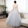 Chic / Beautiful Sky Blue Rhinestone Lace Flower Prom Dresses 2023 A-Line / Princess Scoop Neck Sleeveless Backless Floor-Length / Long Prom Formal Dresses