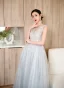 Chic / Beautiful Sky Blue Rhinestone Lace Flower Prom Dresses 2023 A-Line / Princess Scoop Neck Sleeveless Backless Floor-Length / Long Prom Formal Dresses