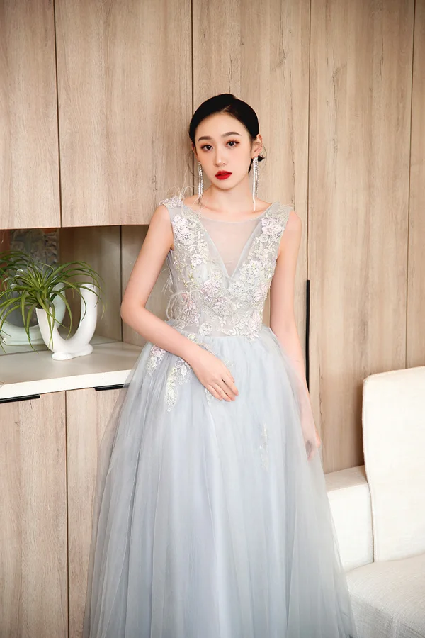 Chic / Beautiful Sky Blue Rhinestone Lace Flower Prom Dresses 2023 A-Line / Princess Scoop Neck Sleeveless Backless Floor-Length / Long Prom Formal Dresses