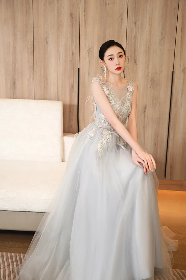 Chic / Beautiful Sky Blue Rhinestone Lace Flower Prom Dresses 2023 A-Line / Princess Scoop Neck Sleeveless Backless Floor-Length / Long Prom Formal Dresses