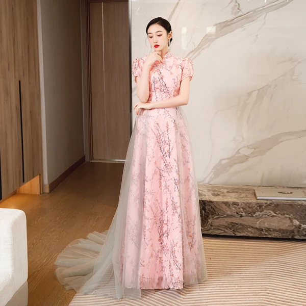 Chic / Beautiful Blushing Pink Printing Prom Dresses 2023 A-Line / Princess High Neck Short Sleeve Floor-Length / Long Prom Formal Dresses