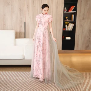 Chic Belle Rougissant Rose Impression Robe De Bal 2023 Princesse Col Haut Manches Courtes Longue Promo Robe De Ceremonie