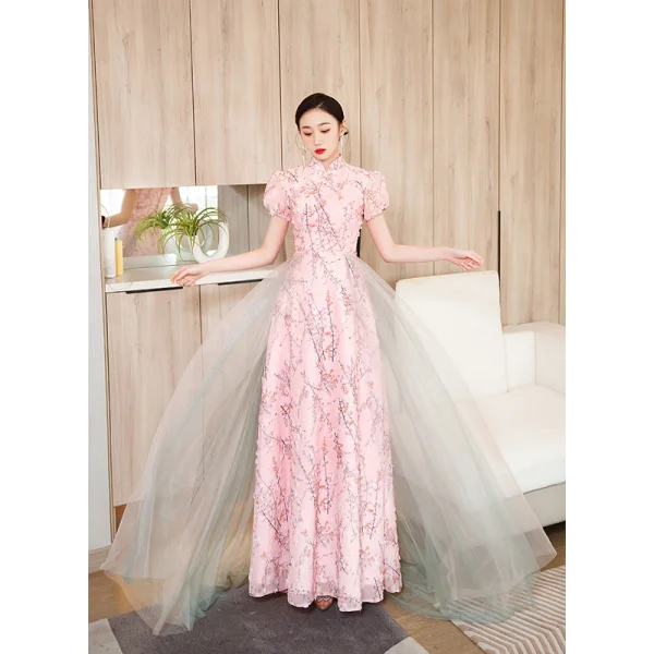 Chic / Beautiful Blushing Pink Printing Prom Dresses 2023 A-Line / Princess High Neck Short Sleeve Floor-Length / Long Prom Formal Dresses