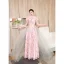 Chic / Beautiful Blushing Pink Printing Prom Dresses 2023 A-Line / Princess High Neck Short Sleeve Floor-Length / Long Prom Formal Dresses