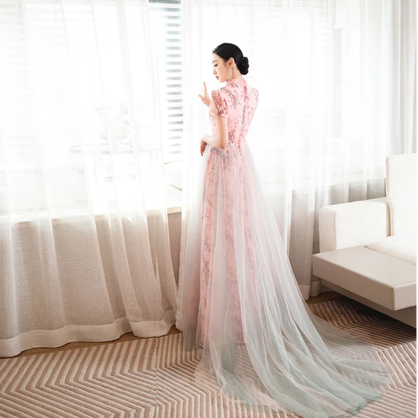 Chic / Beautiful Blushing Pink Printing Prom Dresses 2023 A-Line / Princess High Neck Short Sleeve Floor-Length / Long Prom Formal Dresses