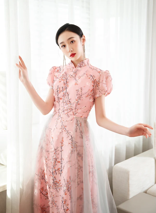 Chic / Beautiful Blushing Pink Printing Prom Dresses 2023 A-Line / Princess High Neck Short Sleeve Floor-Length / Long Prom Formal Dresses