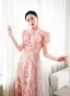 Chic / Beautiful Blushing Pink Printing Prom Dresses 2023 A-Line / Princess High Neck Short Sleeve Floor-Length / Long Prom Formal Dresses
