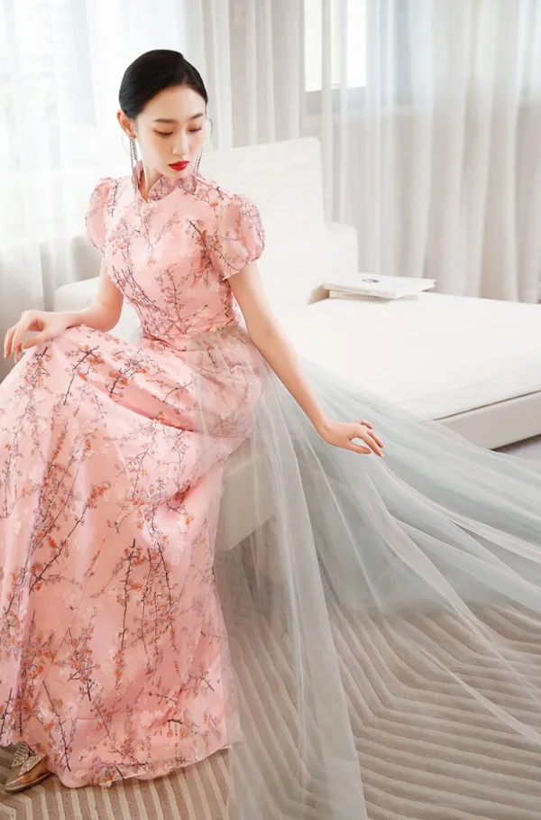 Chic / Beautiful Blushing Pink Printing Prom Dresses 2023 A-Line / Princess High Neck Short Sleeve Floor-Length / Long Prom Formal Dresses