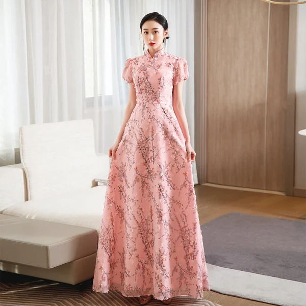 Chic / Beautiful Blushing Pink Printing Prom Dresses 2023 A-Line / Princess High Neck Short Sleeve Floor-Length / Long Prom Formal Dresses