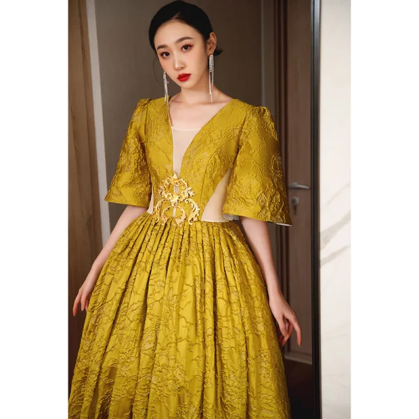 Elegant Gold Yellow Prom Dresses 2023 A-Line / Princess Square Neckline Short Sleeve Backless Floor-Length / Long Formal Dresses