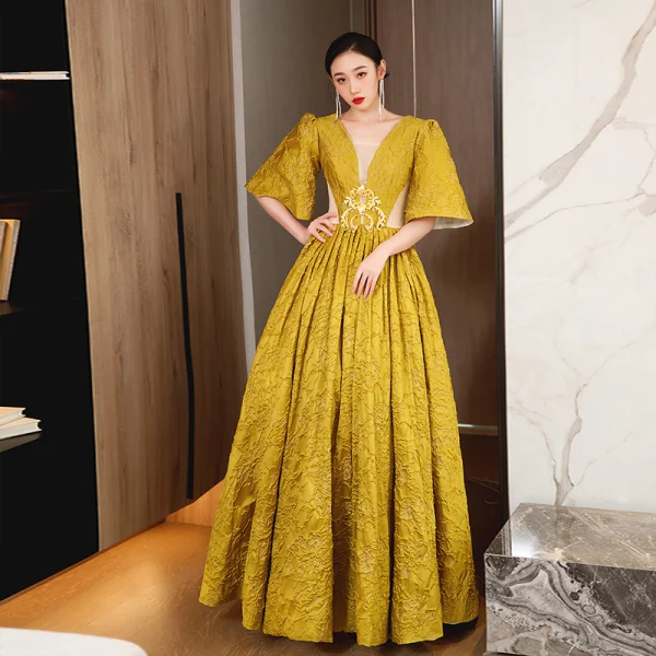 Elegant Gold Yellow Prom Dresses 2023 A-Line / Princess Square Neckline Short Sleeve Backless Floor-Length / Long Formal Dresses