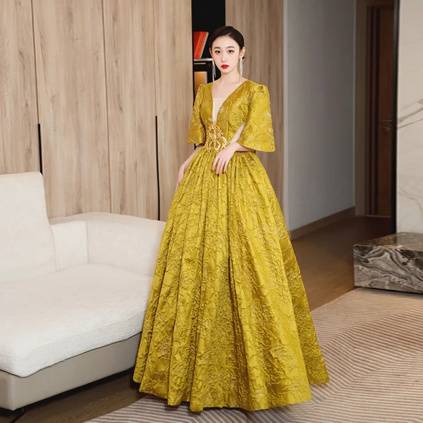 Elegant Gold Yellow Prom Dresses 2023 A-Line / Princess Square Neckline Short Sleeve Backless Floor-Length / Long Formal Dresses