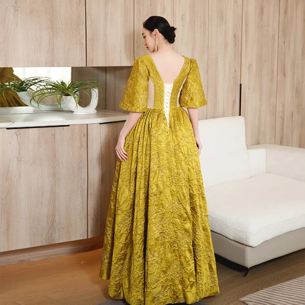 Elegant Gold Yellow Prom Dresses 2023 A-Line / Princess Square Neckline Short Sleeve Backless Floor-Length / Long Formal Dresses
