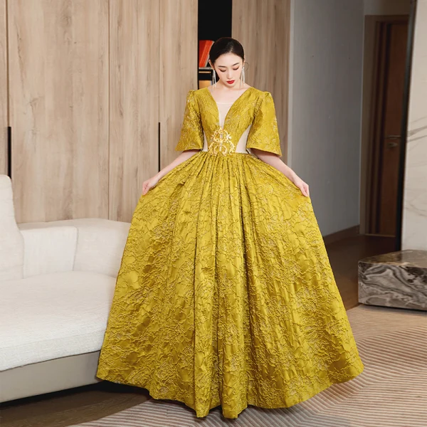 Elegant Gold Yellow Prom Dresses 2023 A-Line / Princess Square Neckline Short Sleeve Backless Floor-Length / Long Formal Dresses