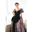 Élégant Noire Impression Robe De Bal 2023 Princesse Bretelles Spaghetti Manches Courtes Dos Nu Noeud Longue Promo Robe De Ceremonie