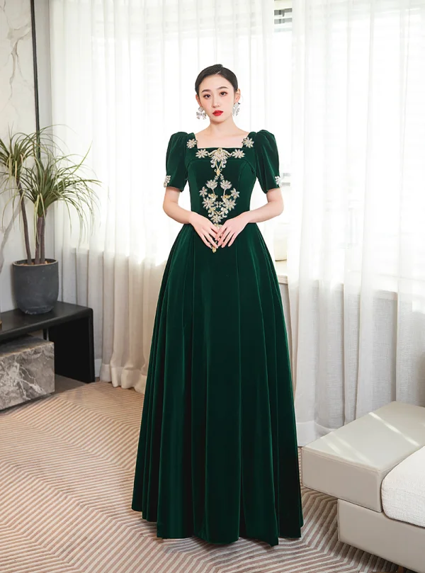 Élégant Vert Foncé Perlage Paillettes Robe De Bal 2023 Princesse Encolure Carrée Manches Courtes Dos Nu Longue Promo Robe De Ceremonie