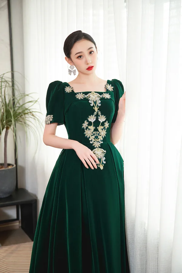 Élégant Vert Foncé Perlage Paillettes Robe De Bal 2023 Princesse Encolure Carrée Manches Courtes Dos Nu Longue Promo Robe De Ceremonie
