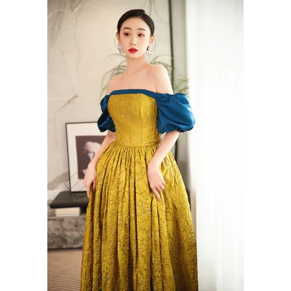 Elegant Gold Yellow Prom Dresses 2023 A-Line / Princess Off-The-Shoulder Short Sleeve Backless Floor-Length / Long Prom Formal Dresses