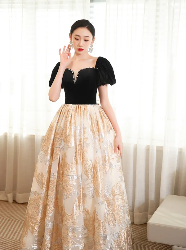 Chic / Beautiful Black Prom Dresses 2023 A-Line / Princess Pearl Square Neckline Short Sleeve Backless Floor-Length / Long Prom Formal Dresses